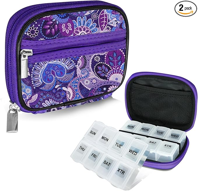 Serfeymi Weekly Travel Pill Organizer Pill Case for Purse with Removable 7 Day Pill Box, Fashionable Travel Medicine Organizer Pill Container for Medicine, Vitamin, Supplement - Purple 01 + Pill Box