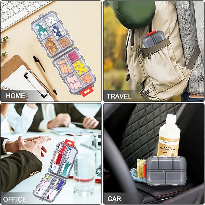 1Pack Travel Pill Organizer with 189 Medicine Labels, 10 Compartments Small Pill Case Compact and Portable Travel Pill Box for Airplane Car Purse Nurse Vacation Essentials