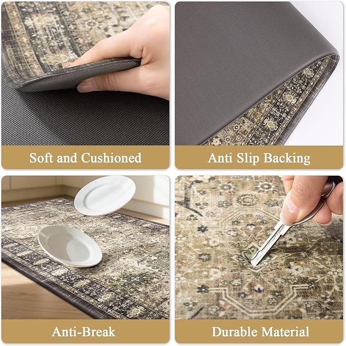 Pauwer Anti Fatigue Kitchen Floor Mats Set of 3, PVC Foam Padded Kitchen Rugs, Non Slip Cushioned Comfort Standing Mat, Waterproof Sink Rug for Small Kitchen Area, Laundry Room, Multi Brown