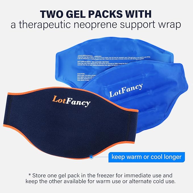 LotFancy Ice Pack for Back Pain Relief, 2 Gel Hot Cold Packs with Wrap for Lower Back Waist Hip Lumbar Abdomen Sciatica Tailbone Pain, Reusable Cooling Heating Therapy Compress