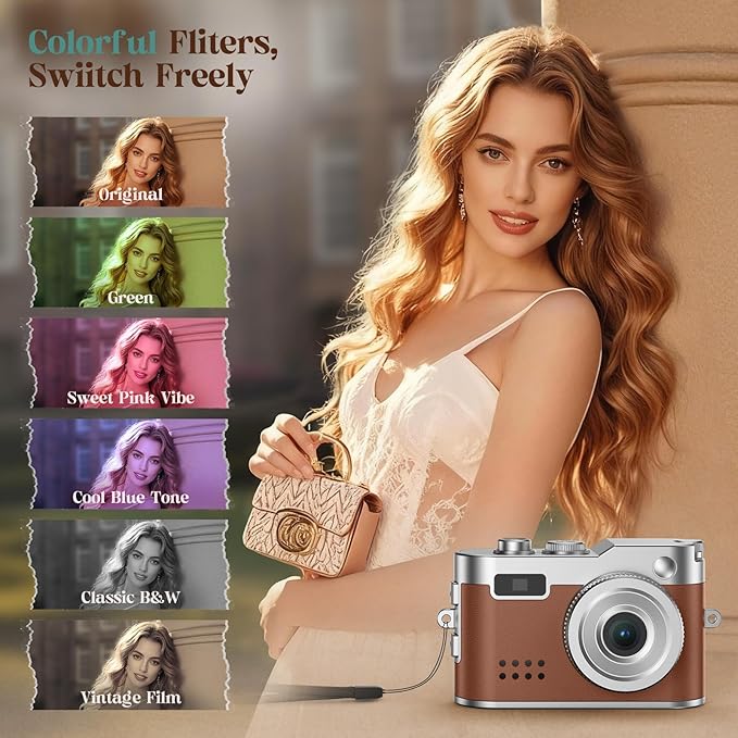 Mini Digital Camera, Keychain Camera 1080P HD with 2MP Lens, Flash, Video Recording, 32G Card Included, Portable and Compact Retro Vlog Camera for Travel, Kids, Brown