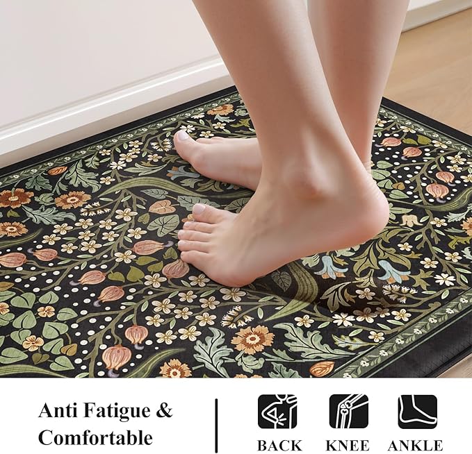 Collive Kitchen Mats for Floor 2PCS, Cushioned Anti Fatigue Mat Non Slip Waterproof Kitchens Sink Rug, Vintage Spring Floral Rugs Comfort Standing Mat for Laundry, Desk, Bar, Office, Black