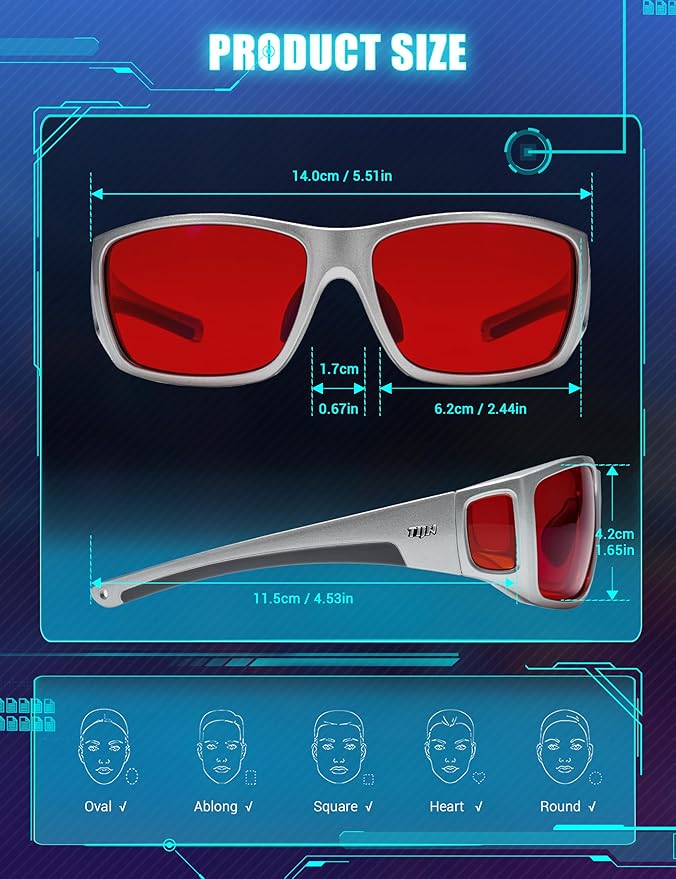 TIJN Sonia Red Sleep Glasses Orange Lens for Blue & Green Light Blocking,Dual AR Coating,Wraparound Frame for Gaming Screen