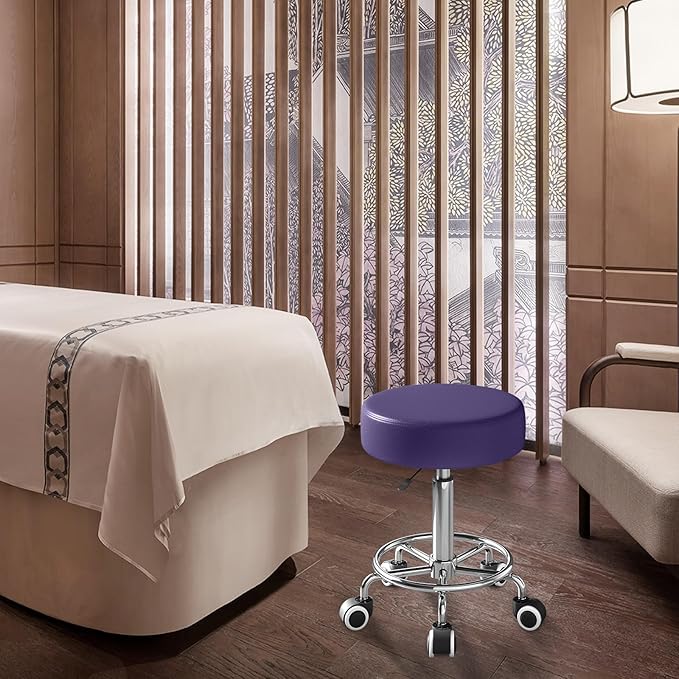 Rolling Stool, Heavy Weight Capacity 250lb, PU Leather Rolling stools, Ultra Soft Padded Seat, Rolling Stools with Wheels and Footrest, 360° Swivel, Spa Drawing Salon Work Office Tattoo Stool (Purple)