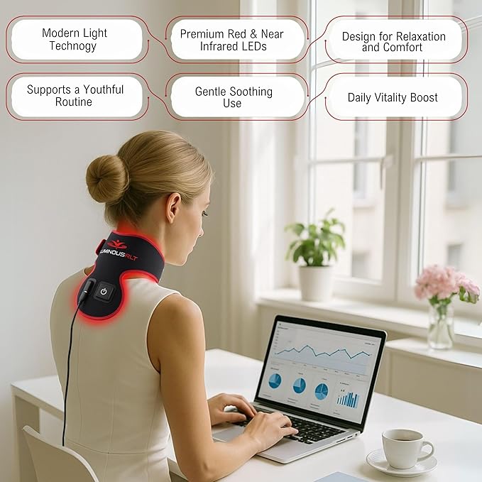 LuminousRLT Red Light Therapy Neck Wrap – Flexible LED Light Device with Red & Near-Infrared LEDs (660nm & 850nm), 84 LEDs, Auto Shut-Off, Adjustable Fit