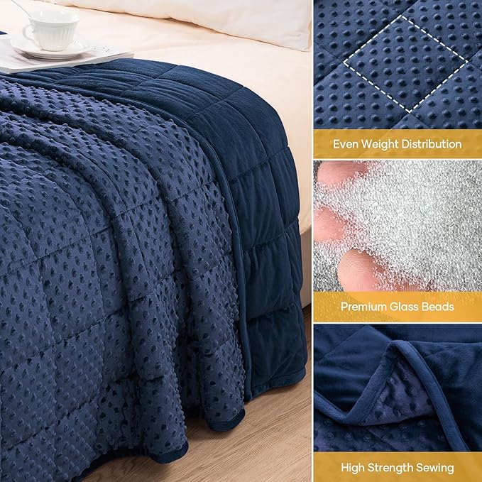 Wemore Minky Dot Weighted Blanket for Adults Twin Size 20 lb, Soft Heavy Blanket for Stress Relief and Sleep Promotion, Breathable Blanket for All-Season with Glass Beads, Navy Blue 60 x 80 inches