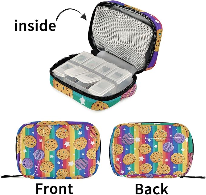 Rainbow Stripes Cookies Stars Travel Pill Organizer Case Box Container Weekly Portable Vitamin Medicine Holder Storage Bag with Zipper Removable