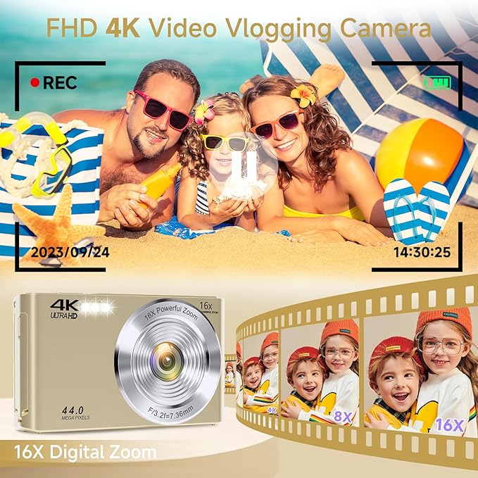 Digital Camera, 2026 FHD 4K Autofocus Digital Camera with 64GB SD Card 16X Digital Zoom, Gold Cameras for Photography Portable Compact Point and Shoot Camera for Teens Adult Kids Gift