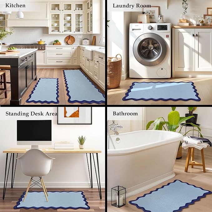 Scalloped Navy Blue Kitchen Mats Rugs Sets of 2 Cushioned Anti Fatigue Floor Mat Waterproof Kitchen Rugs Non Slip Foam Comfort Standing Mat for Sink Laundry