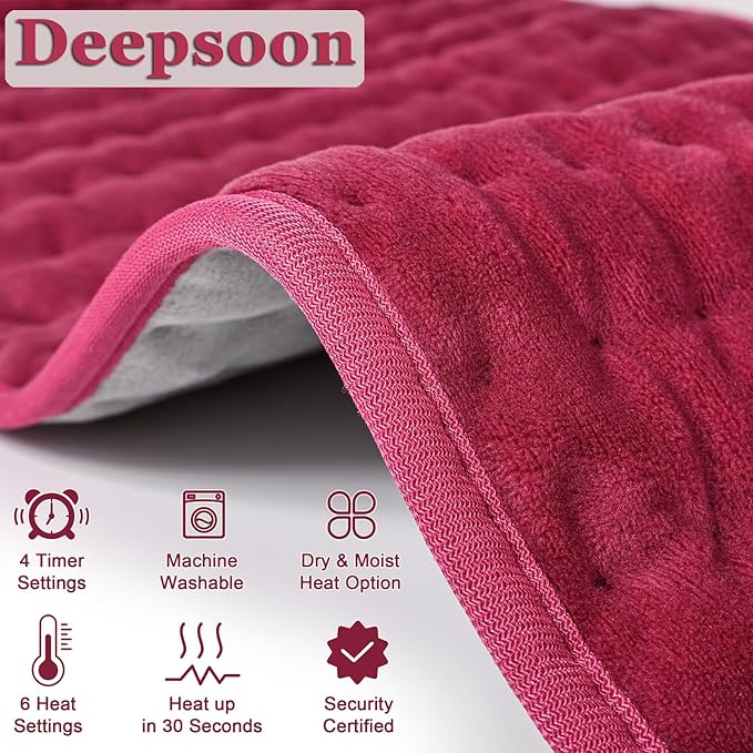 Deepsoon Heating Pad,Electric Heating Pads for Back,Neck,Abdomen,Moist Heating Pad for Shoulder,Knee,Arms,Legs,Dry/Moist Heat & Auto Shut Off,Christmas Gifts for Men and Women,Burgundy,24x12 Inch