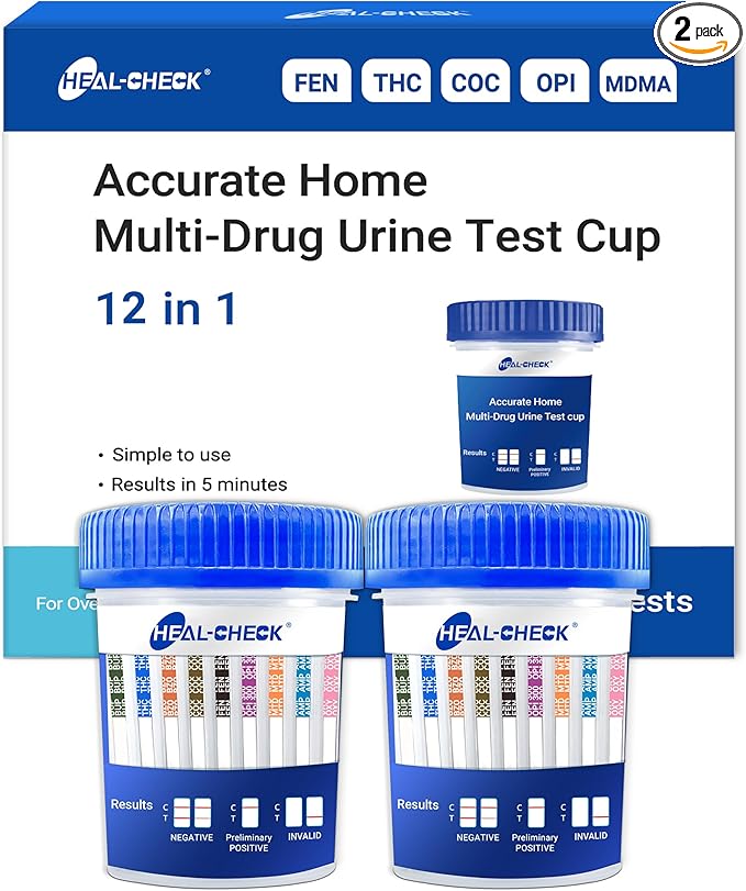[2 Pack] 12 Panel Multi Drug Test Kit with Fentanyl (Fen/FYL), HEAL-CHECK Professional Drug Urine Test Cup for Workplace, Rehab & Home Use –THC, COC, AMP, MET/mAMP, BZO, MTD, BUP, MDMA, OXY, PCP, OPI