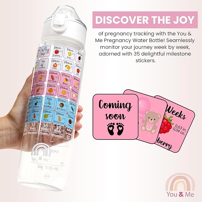 You & Me Pregnancy Water Bottle (32 oz) with Carry Sleeve – Hydration Tracker for Expecting Moms, Milestone Stickers (Pink/Blue/Neutral), BPA-Free, Covered Straw Lid – Gift for Pregnancy & New Moms