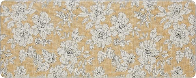 Laura Ashley - Anti-Fatigue Kitchen Mat, Iris Floral Design, Stain, Water & Fade Resistant, Cooking & Standing Relief, Non-Slip Backing, Measures 17.5" x 60", Tawny Yellow