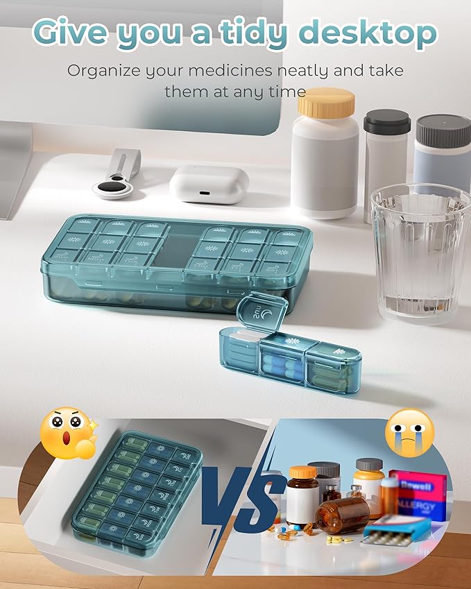 Pill Organizer 3X a Day｜Deep Blue Portable Pill Case｜7-Day Weekly Compartment｜Executive Travel Essential｜BPA-Free Health Companion｜Briefcase Must-Have