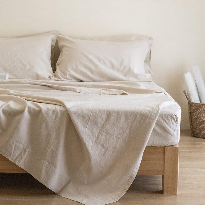 Simple&Opulence Belgian Linen Sheet Set Solid Color - 6 Pieces (1 Flat Sheet & 1 Fitted Sheet & 4 Pillowcases) 16" Deep Pocket Natural Flax Cotton Blended Soft Bedding - Linen, Queen Size