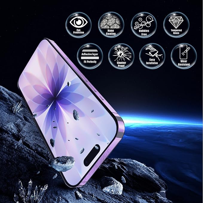 Blue Light Screen Protector for iPhone 17/16 Pro (6.3 inch) Anti Reflective 9H Hardness Shatterproof HD Tempered Glass Easy Install Stain-resistant Touch Sensitive Scratch Resistant 2 Pack
