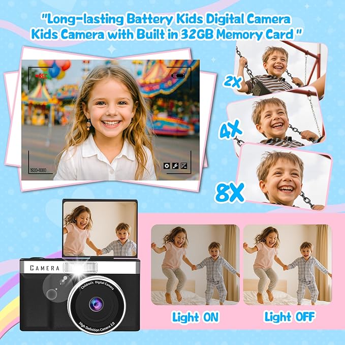 Kids Digital Camera with 180° Flip Screen, 32GB Memory Card Digital Cameras,1080P HD Point and Shoot Digital Cameras, Built in Educational Games,Ideal Gifts for Kids Boys Girls(Black)