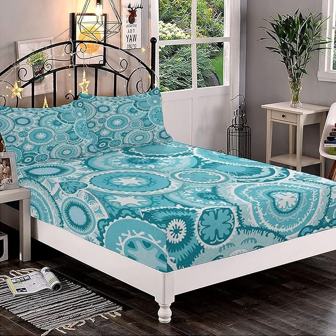Decorative Bedding Sheet Set King Size, Aqua Deep Pockets Fitted Sheet & 2 Pillowcases Set(No Flat Sheet), Tribal Hippie Floral Leaves Mandala Rounds Traditional Print Microfiber 3pc Bed Sheets Set