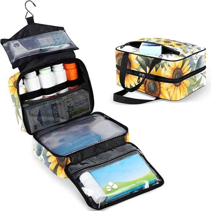 Fustylead Farmhouse Sunflowers Lavender Floral Pill Organizer Bag Large Medicine Travel Carrying Case with Zipper for Vitamin Supplements Fish Oil, Empty First Aid Kit for Hiking Camping