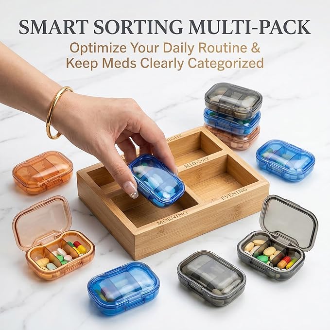 7 Pack 3 Compartment Small Pill Box, Portable Pill Case for Purse and Pocket, Moisture Proof Travel Pill Organizer for Medicine, Vitamins and Fish Oil, Small Pill Organizer Travel Case