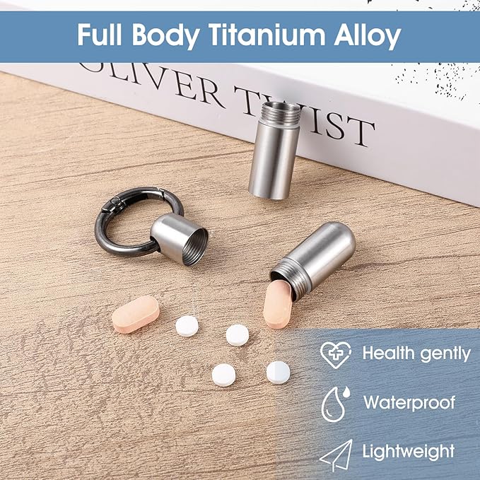 Small Keychain Pill Holder Stainless Steel Waterproof Container Tiny Portable Pill Case Organizer for Travel Purse Pocket Mental Box with Keyring for Outdoor Camping(2 Compartment)