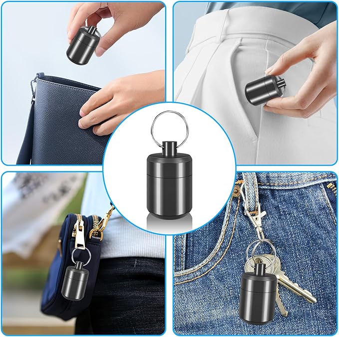 Pill Keychain Holder - 2pcs Small Pill Box Waterproof Pills Fob Organizer Portable Ring Holder Keychain for Purse (Black+Gray)