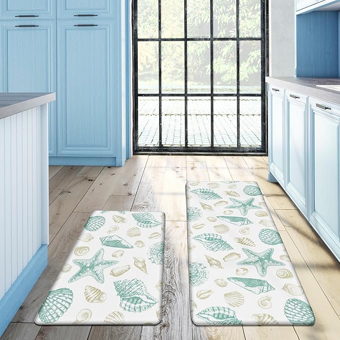 Kitchen Mats for Floor Cushioned Anti Fatigue Sets of 2 Beach Theme Kitchen Rugs Non Slip Waterproof Coastal Foam Kitchen Floor Rug Nautical Seashell Comfort Standing Mat For Sink Laundry, Green