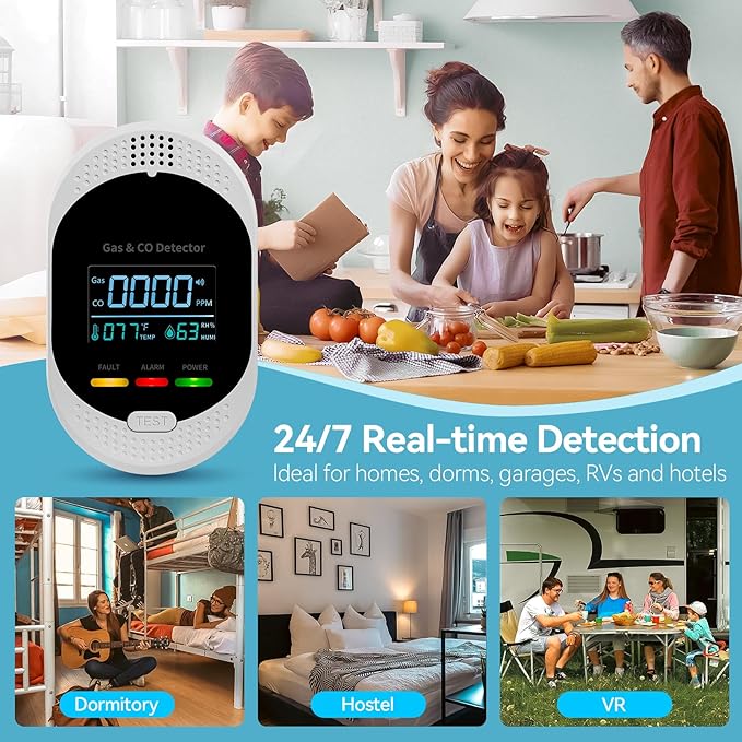 4-in-1 Carbon Monoxide Detectors,Plug in Combustible Gas Detector,Natural Gas & Co Gas Alarm Detectors with Temperature Humidity Display,Clear LCD Screen Sound Light Dual Alarm for Home RV Travel