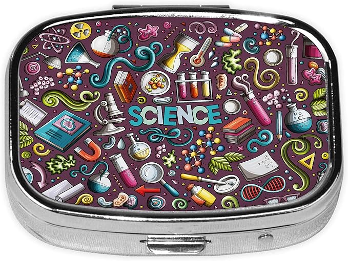 Pill Box-2 Compartment Small Pill Case Square Organizer Case with Mirror Portable Metal Medicine Box Travel Container for Pocket & Purse Women Men(Science)