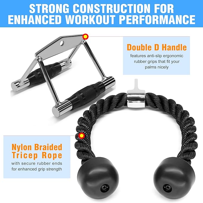 Yes4All Cable Machine Attachment, Row Handles, Tricep Rope, Straight Bar, V Bar, LAT Pulldown Accessories Load 880 LB for Home Gym