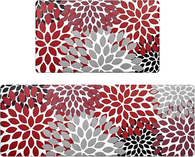 Likiyol Kitchen Rugs Boho Floral Kitchen Mats for Floor Flower Anti Fatigue Mats for Kitchen Floor Cushioned Non Slip Washable Kitchen Mat for Home, Sink, 18''x30''+18''x48'', (Red)