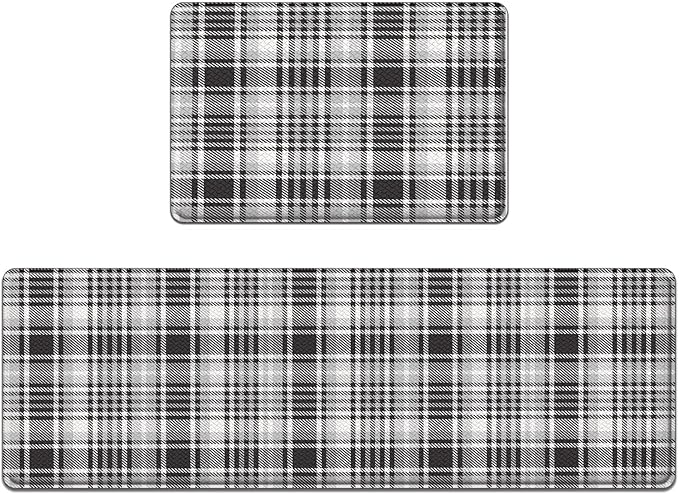 Arttown Black and White Anti-Fatigue Kitchen Rug Set of 2 Plaid Cushioned Floor Standing Mat Waterproof Non-Slip Mat and PVC Ergonomic Comfort Foam Rug
