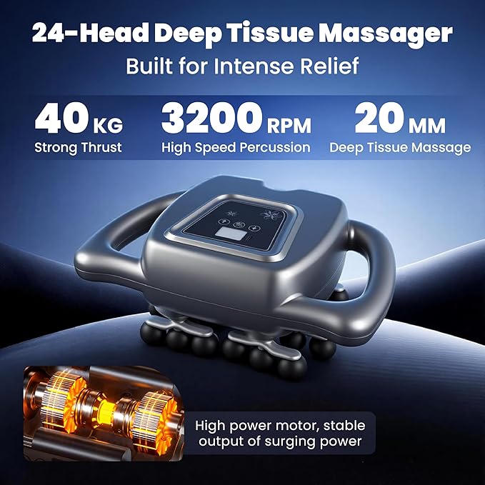 24-Head Massage Gun Deep Tissue, with 9 Modes & 99 Intensities, Quiet Rechargeable Handheld Back Massager for Pain Relief, Full Body Percussion Massager for Neck, Legs, Waist & Back (Gray)