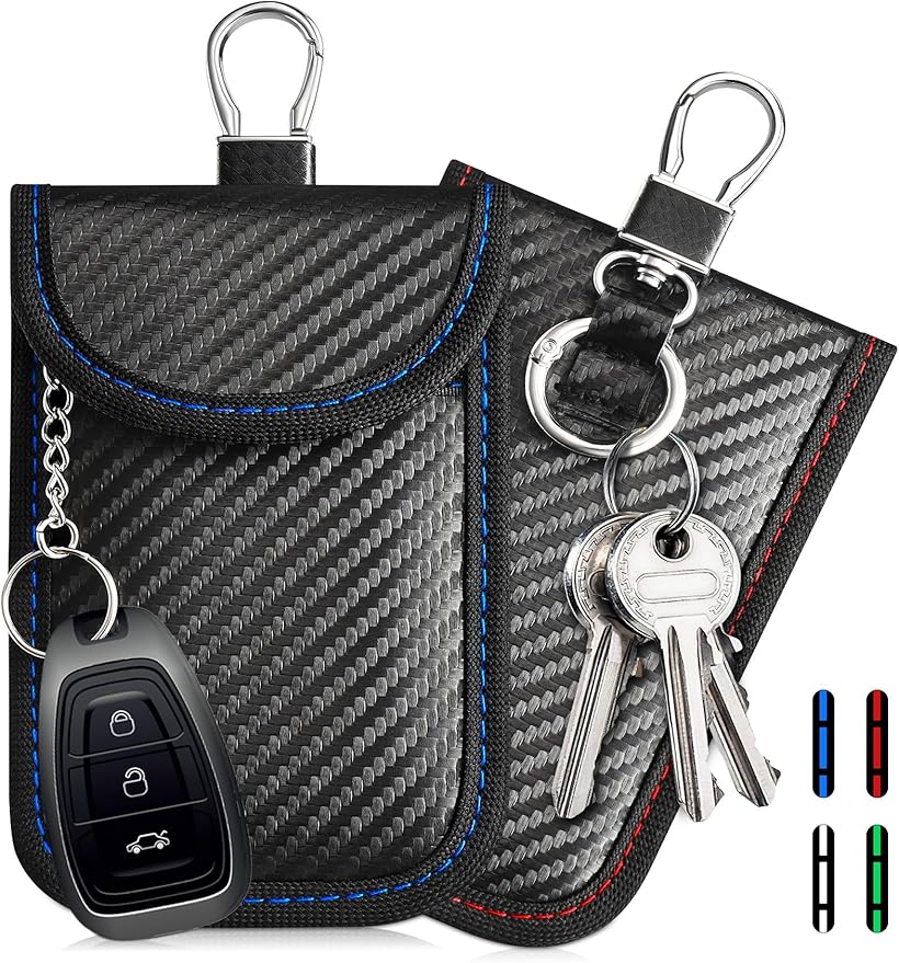 2 Pack Faraday Pouch for Key Fob, RFID Signal Blocking Bag, Car Key Fob Protector, Anti-Theft Shielding Case Blocker (Red+blue)