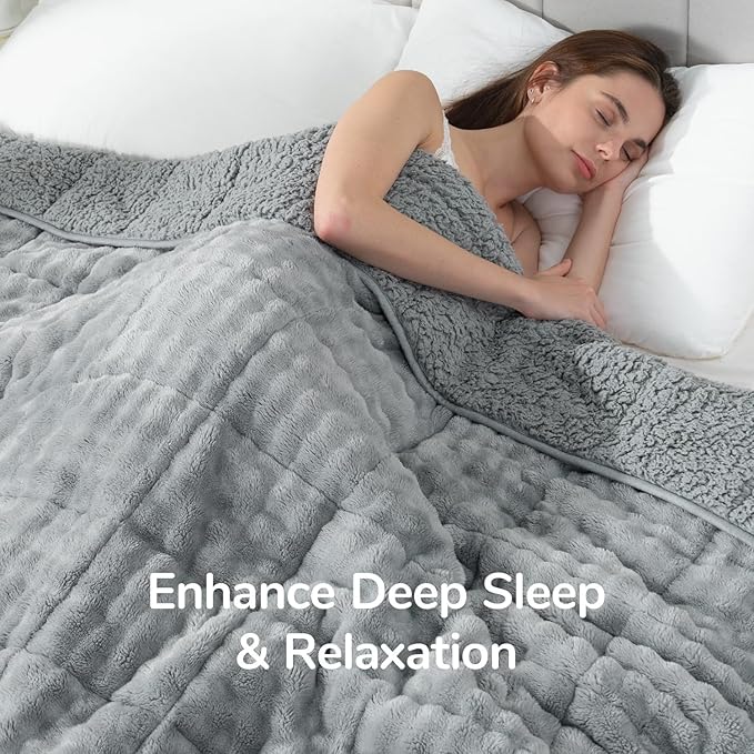 Cottonblue Weighted Blanket for Adults Queen Size 15 lbs, Soft Fuzzy Fleece Sherpa Weighted Throw Blankets 60x80 inches, Warm Cozy Fluffy Bubble GreyWinter Heavy Blanket for Bed Sofa Women Men Present