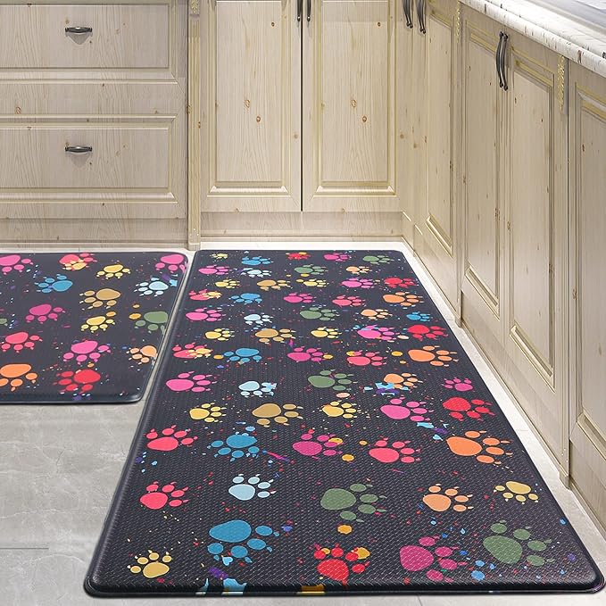 Kitchen Mats for Floor 2 Piece Kitchen Anti Fatigue Mat Cushioned Waterproof Kitchen Rugs Non Slip Comfort Standing Mat for Kitchen, Home, Office, Sink, Laundry, Colorful Paws