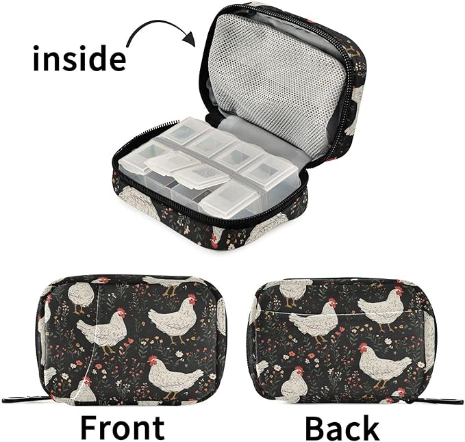 Fustylead White Farm Hen and Plants on Black Background Travel Pill Case Bag with Zipper Weekly Pill Box 8 Compartments 7 Day Personal Pill Case Purse Medicine Case Organizer