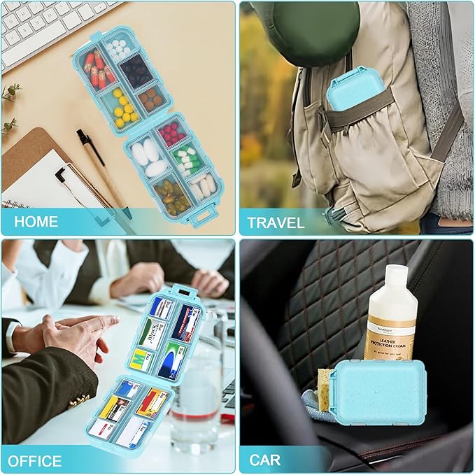 Large Travel Pill Organizer with Medicine Labels, 10 Compartments Travel Medicine Organizer Daily Pill Container Travel Pill Box Purse Pill Case (Blue, 189 Lables)