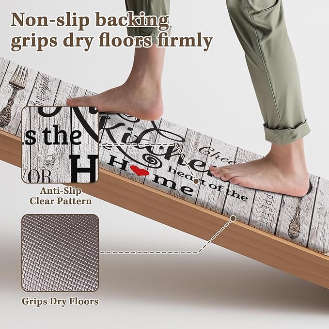 Arttown Farmhouse Anti-Fatigue Kitchen Rug Set of 2, Waterproof Non-Slip PVC Foam Cushioned Mats, Brown Grey Vintage Heart Home Style