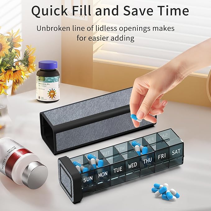Weekly Pill Organizer 7 Day, Discreet Leather Pill Case for Purse or Pocket, Easy Slide-Out Daily Medication Planner, 1 Time a Day Travel Vitamin and Supplement Holder (Silver)