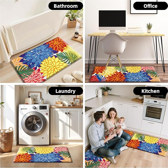 Kitchen Mats for Floor 2PCS Cushioned Anti Fatigue Kitchen Mats Waterproof Non Slip Kitchen Mat Rug Set Comfort Foam Standing Mat for Sink, Laundry, Office,17.3" x 28" + 17.3" x 59", Colorful