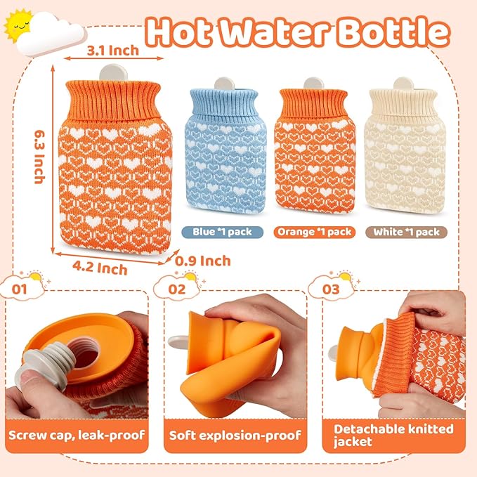 Amylove 3 Pcs Mini Hot Water Bottle for Hot & Cold Compress with Cover 320ml Silicone Microwave Heating Bottles Small Water Bag for Travel Holiday Gift(White, Blue, Orange,Heart Print)
