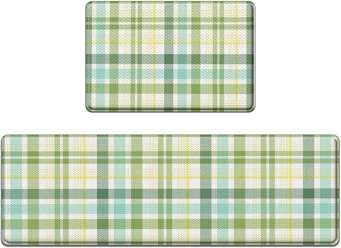 Arttown Green Anti-Fatigue Kitchen Rug Set of 2 Beige Plaid Cushioned Floor Standing Mat Waterproof Non-Slip Mat and PVC Ergonomic Comfort Foam Rug