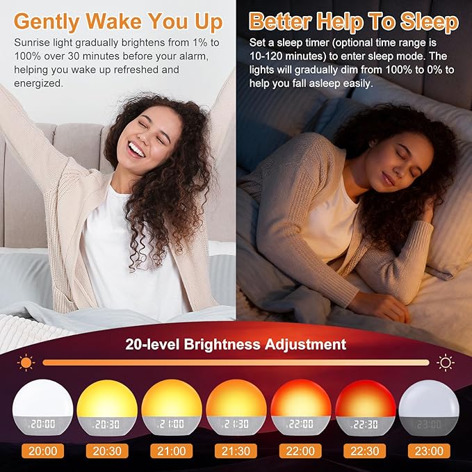 Sunrise Alarm Clock, White Noise Sound Machine, Gentle Alarm Clocks for Bedrooms, Natural Linen, 24 Soothing Sounds, 17 Night Lights, Dimmable Clock, Dual-Alarm for Heavy Sleepers