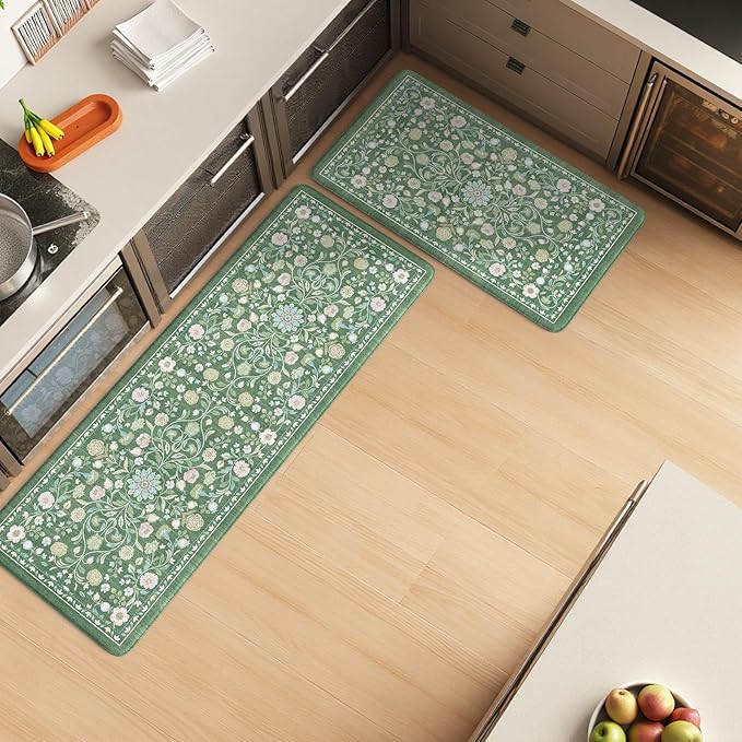 KIMODE Comfort Kitchen Mats for Floor Cushioned Anti Fatigue,Farmhouse Floral Spring Kitchen Rugs Sets of 2 Non Slip,Memory Foam Standing Carpet for Laundry Sink Office,Green