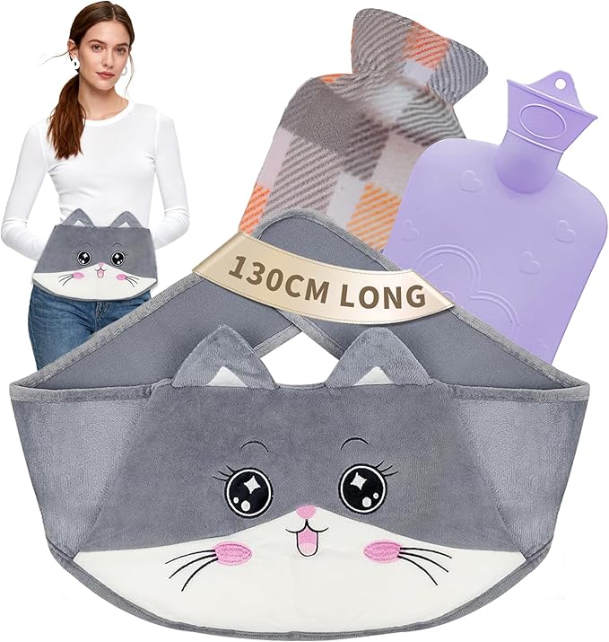 Hot Water Bag, Hot Water Bottle wtih Cover, 1L Rubber Warm Hot Water Bottles Pouch with 130cm Long Soft Waist Cover for Neck, Shoulder, Back, Hand, Legs and Period Pain Relief