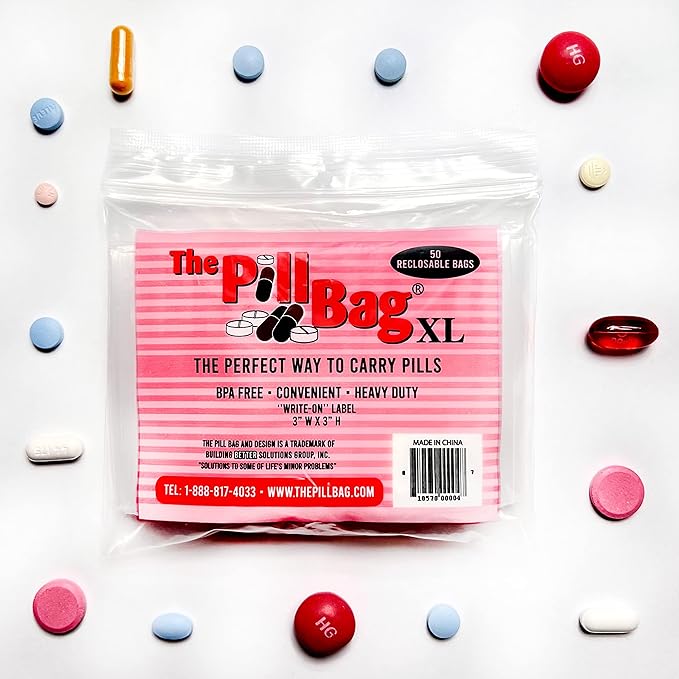 Medicine Pill Organizer, Labels for AM/PM, Resealable, Portable, Disposable Pouches for Medicine, Vitamins, Gummies,Plastic Pill Bags for Travel, Walks XL Size |100 Count (2 Packs of 50)