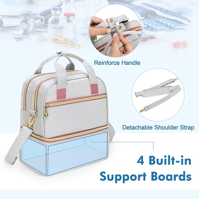 Damero Double Layers Pill Bottle Organizer, Medicine Storage Bag with Detachable Shoulder Strap, Medicine Travel Bag with Waterproof Mat for Large Prescription Bottles, Medical Supplements