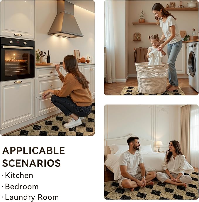 Brown Black Moroccan Trellis Checkered Kitchen Rug Sets [2 PCs], Anti-Fatigue, Waterproof Non-Slip Kitchen Mats Heavy Duty Ergonomic Comfort Foam Rug for Floor, Home, Laundry,17"x29"+17"x47"