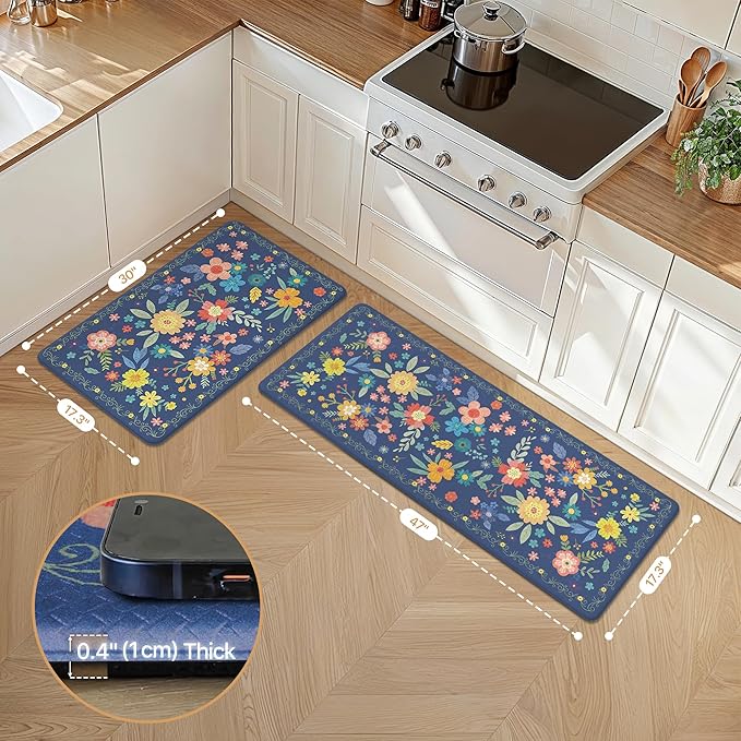 GENIMO Kitchen Mats for Floor 2PCS, Cushioned Kitchen Rugs Non Slip Washable, Farmhouse Anti Fatigue Mat Waterproof, Comfort Standing Mat Rug for Office, Home, Laundry, 17.3"x47"+17.3"x30", Navy